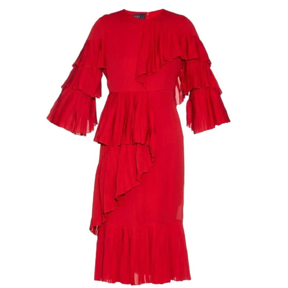 Gucci Ruffled Silk-Georgette Hibiscus Red Dress